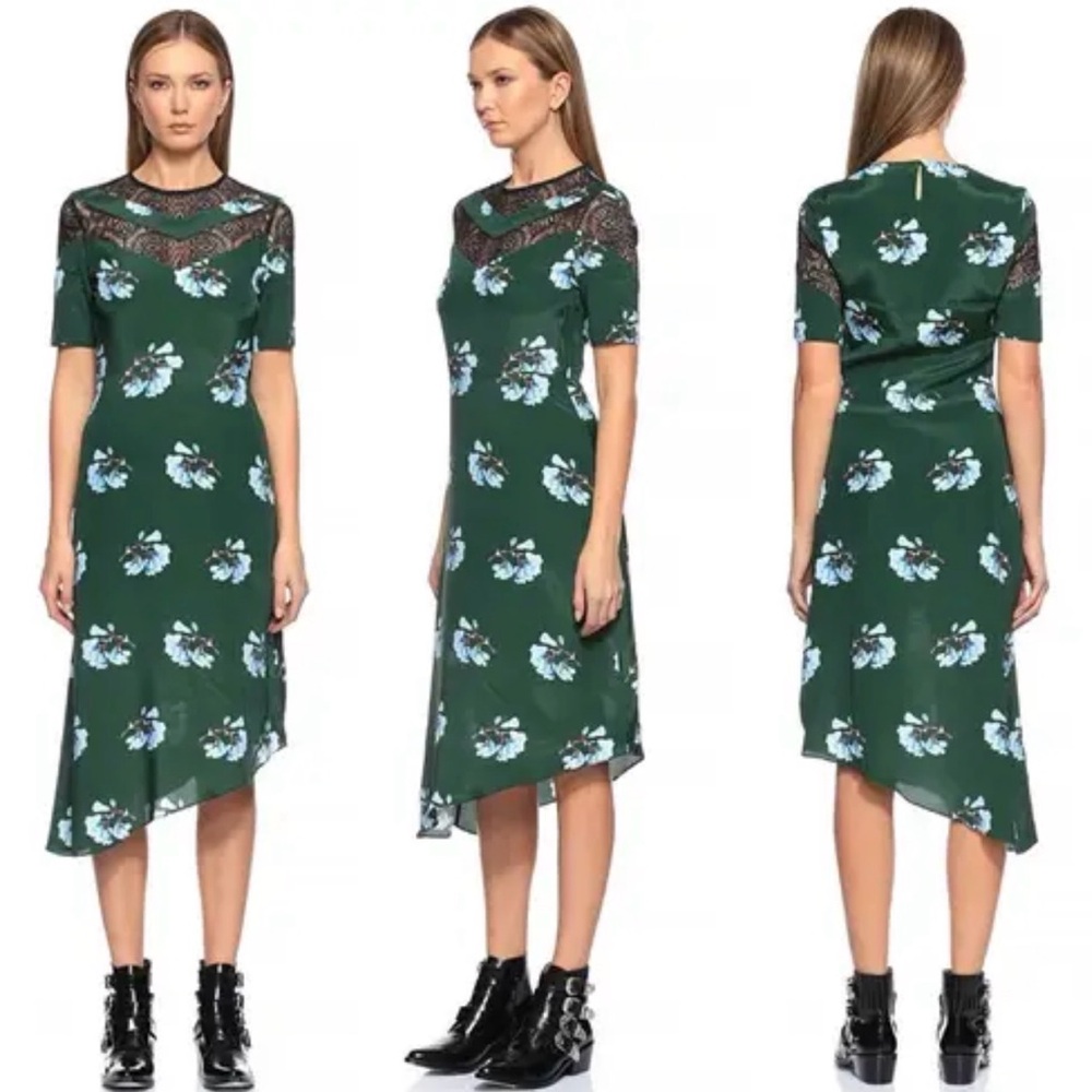 Maje Rowers Asymmetrical Lace Floral Midi Dress, Size 2, US 6/8 M, Green/Bla/Blu